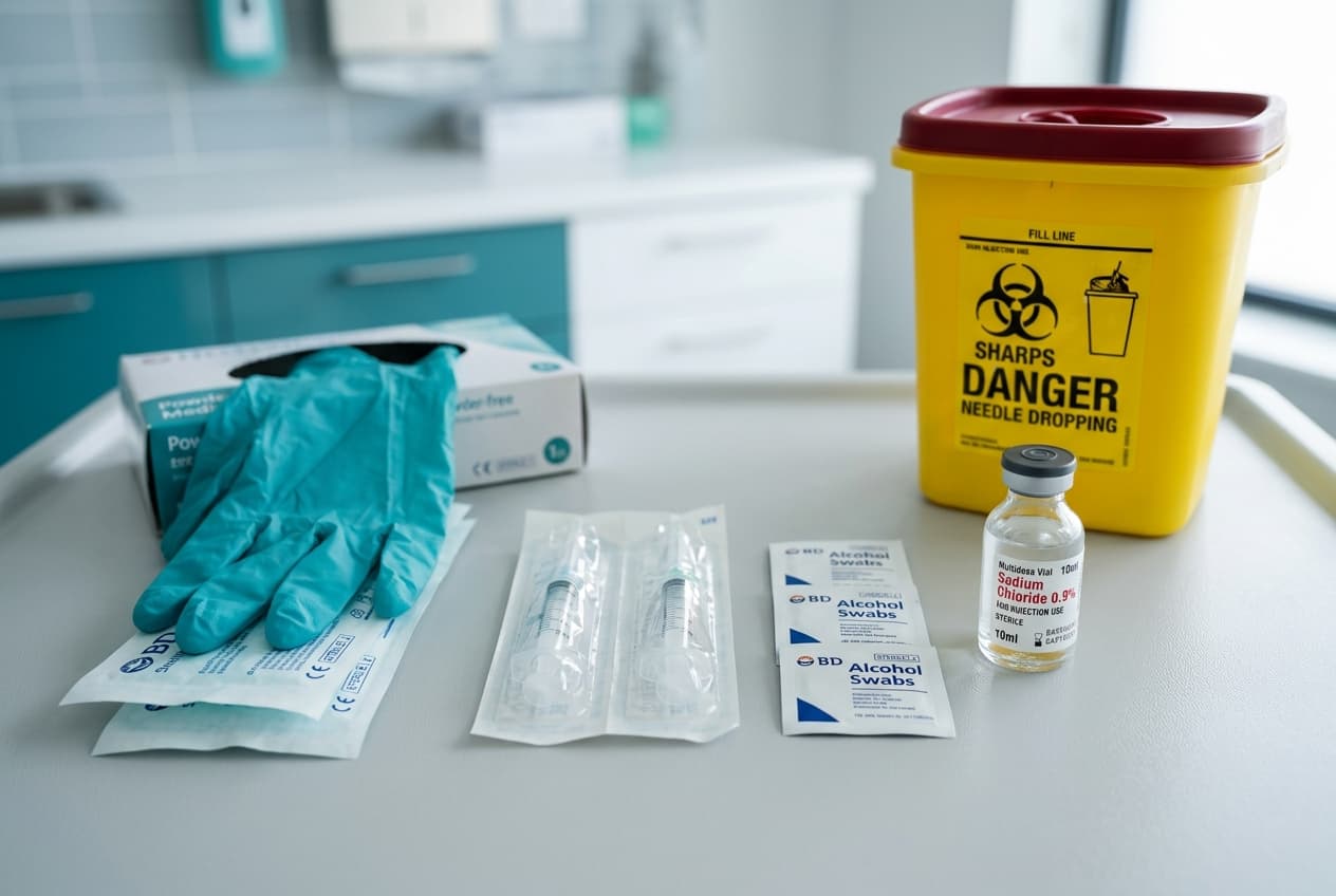 Sterile clinical injection safety tray showing examination gloves, single-use sealed syringes, sterile alcohol wipes, and a puncture-proof sharps disposal container