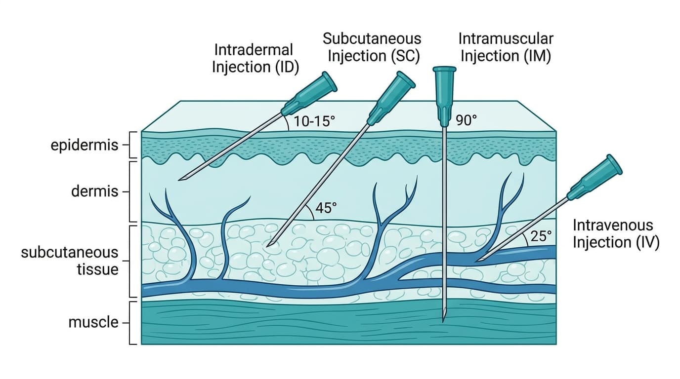 Anatomical diagram comparing injection needle angles and tissue depths: Intramuscular (90 degrees into muscle), Subcutaneous (45 degrees into fat), Intravenous (25 degrees into vein), and Intradermal (10-15 degrees into dermis)