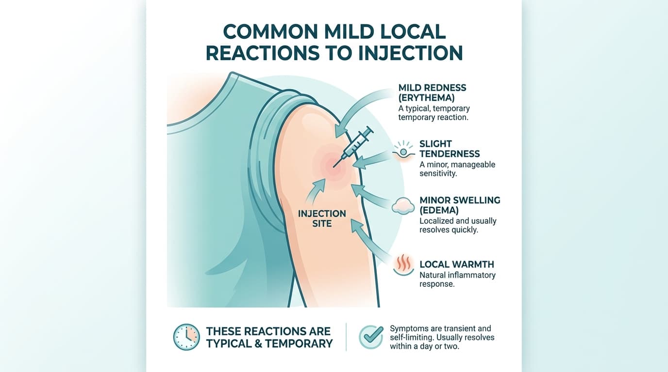 Medical educational diagram contrasting mild local injection reactions such as erythema and slight tenderness against serious systemic complications
