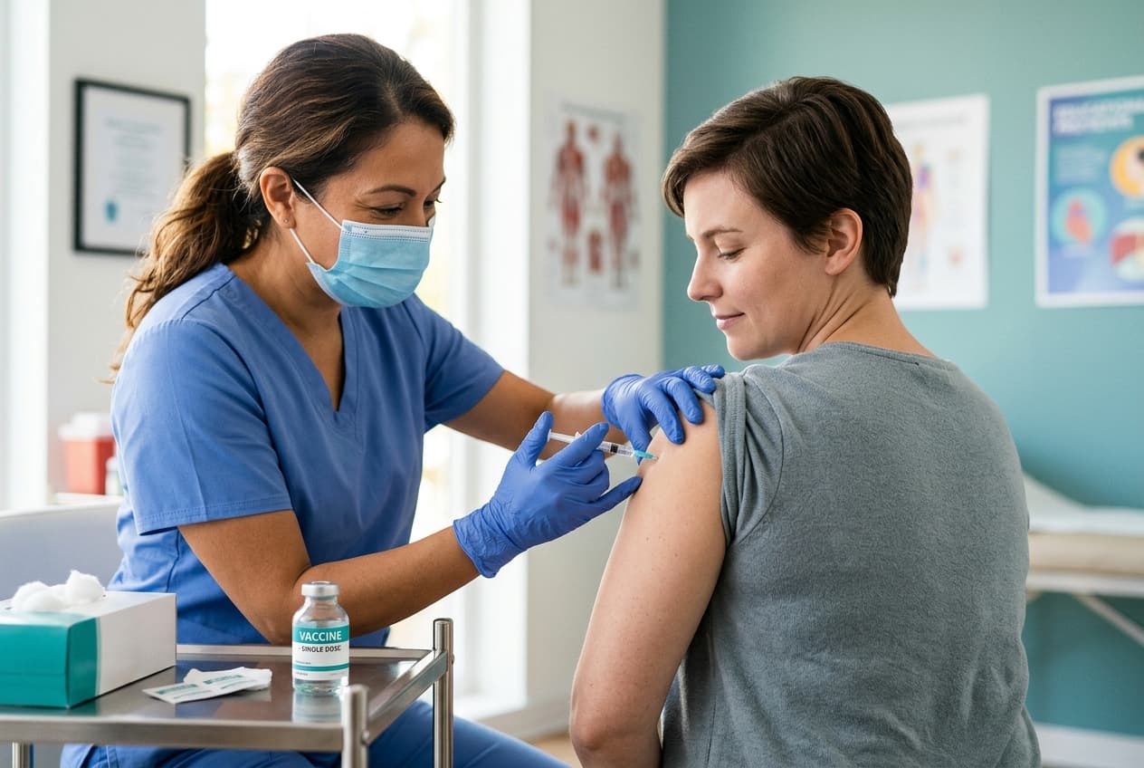 Healthcare professional administering a vaccine into an adult deltoid muscle