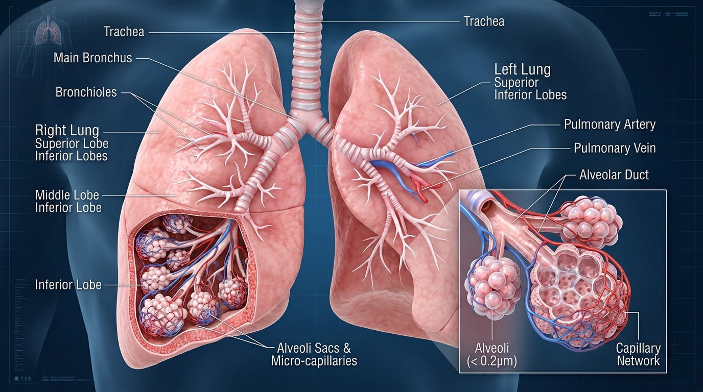Human respiratory lungs with bronchial tree and detailed alveoli sacs anatomy