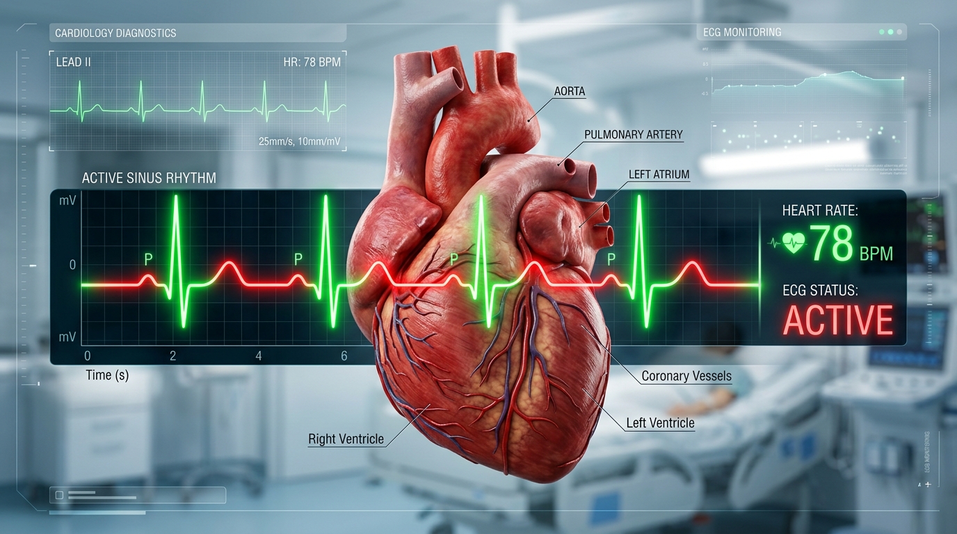Anatomical human heart with active electrocardiogram ECG wave tracing diagram for hypertension and cardiology care