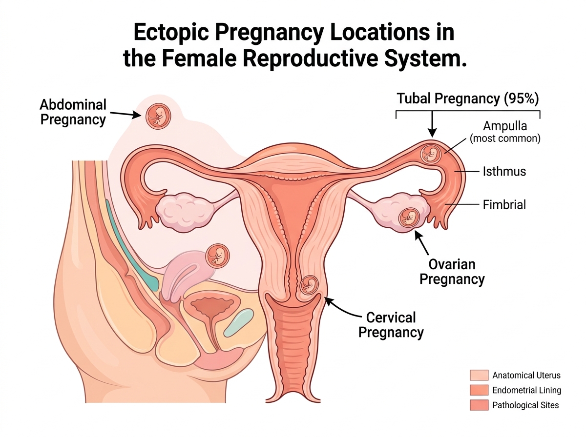 Clinical anatomical diagram showing ectopic pregnancy implantation sites: tubal (95%), ovarian, cervical, and abdominal locations in the female reproductive system