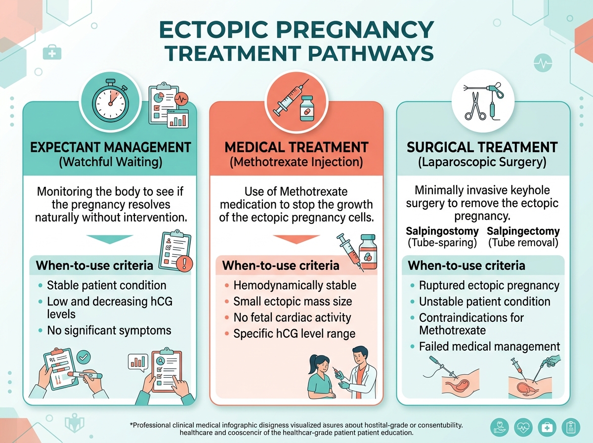 Clinical infographic of ectopic pregnancy treatment options: expectant management, methotrexate injection, and laparoscopic surgery with criteria