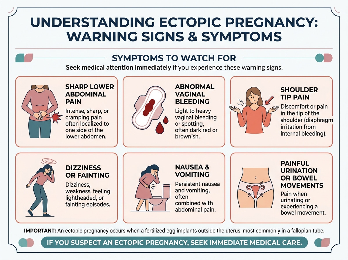Infographic of ectopic pregnancy warning signs: sharp abdominal pain, abnormal vaginal bleeding, shoulder tip pain, dizziness, nausea, and painful urination