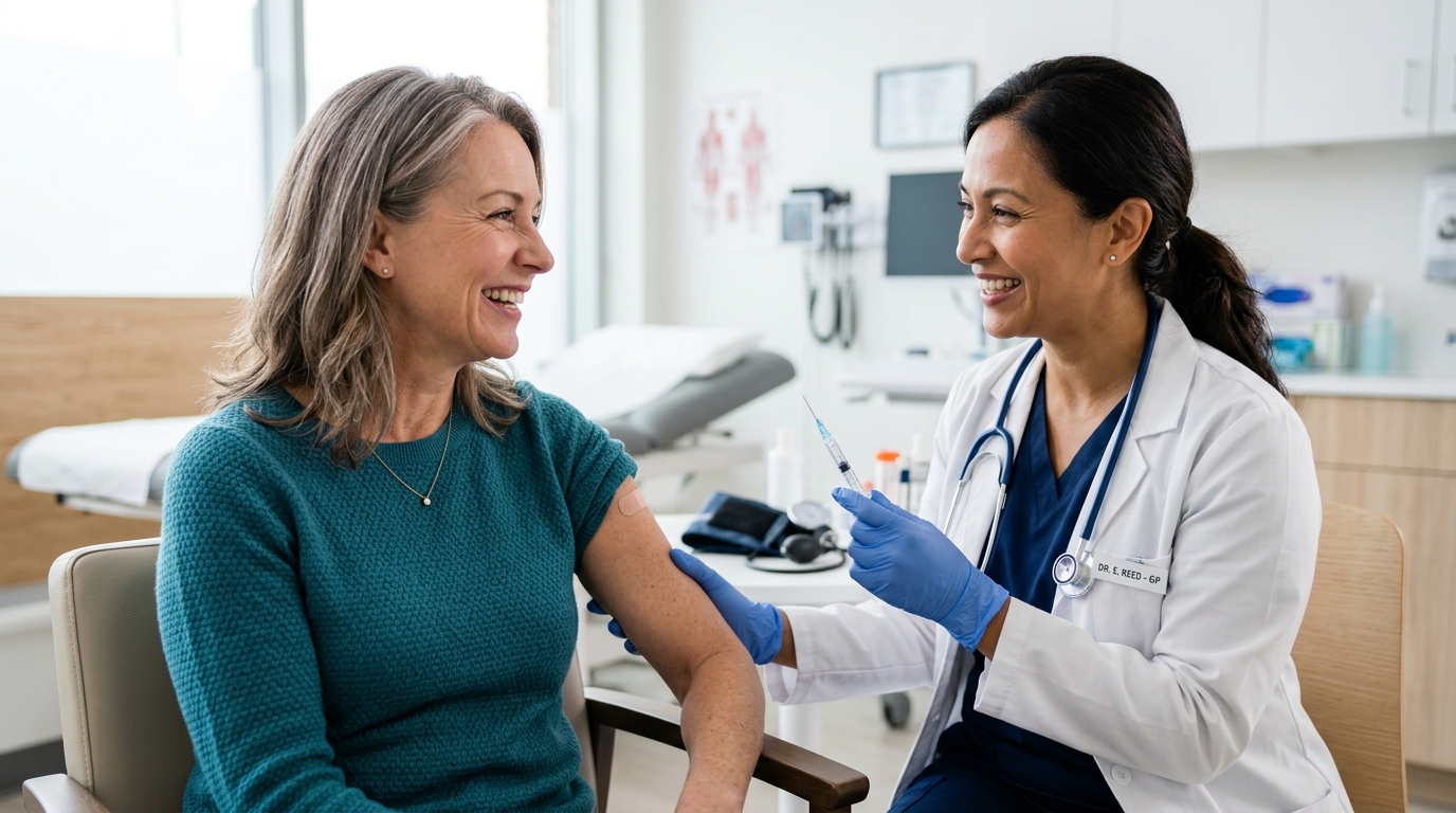 Adult smiling in clinical consultation receiving guidance on vaccines needed after age 50