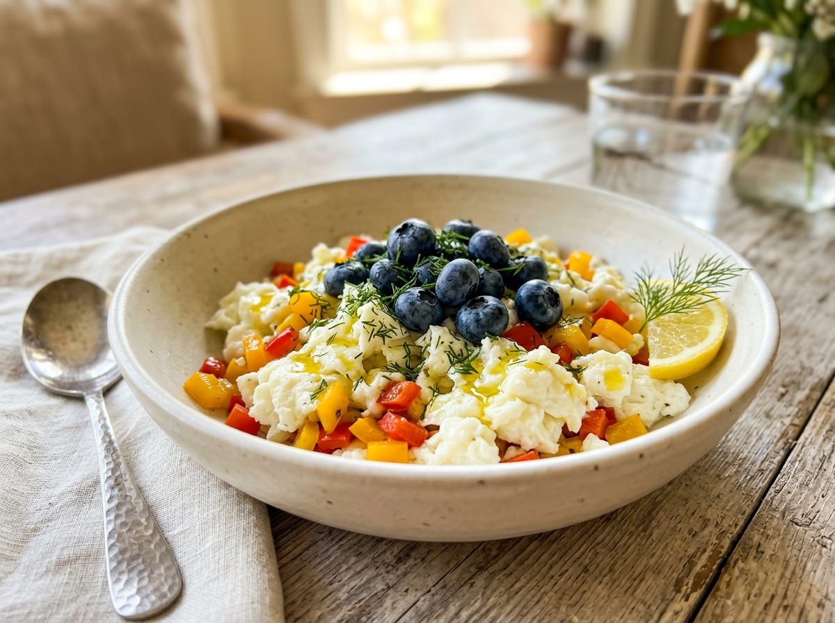 Beautiful close-up of a kidney-friendly breakfast bowl with fluffy egg whites, colorful bell peppers, blueberries and dill drizzled with olive oil