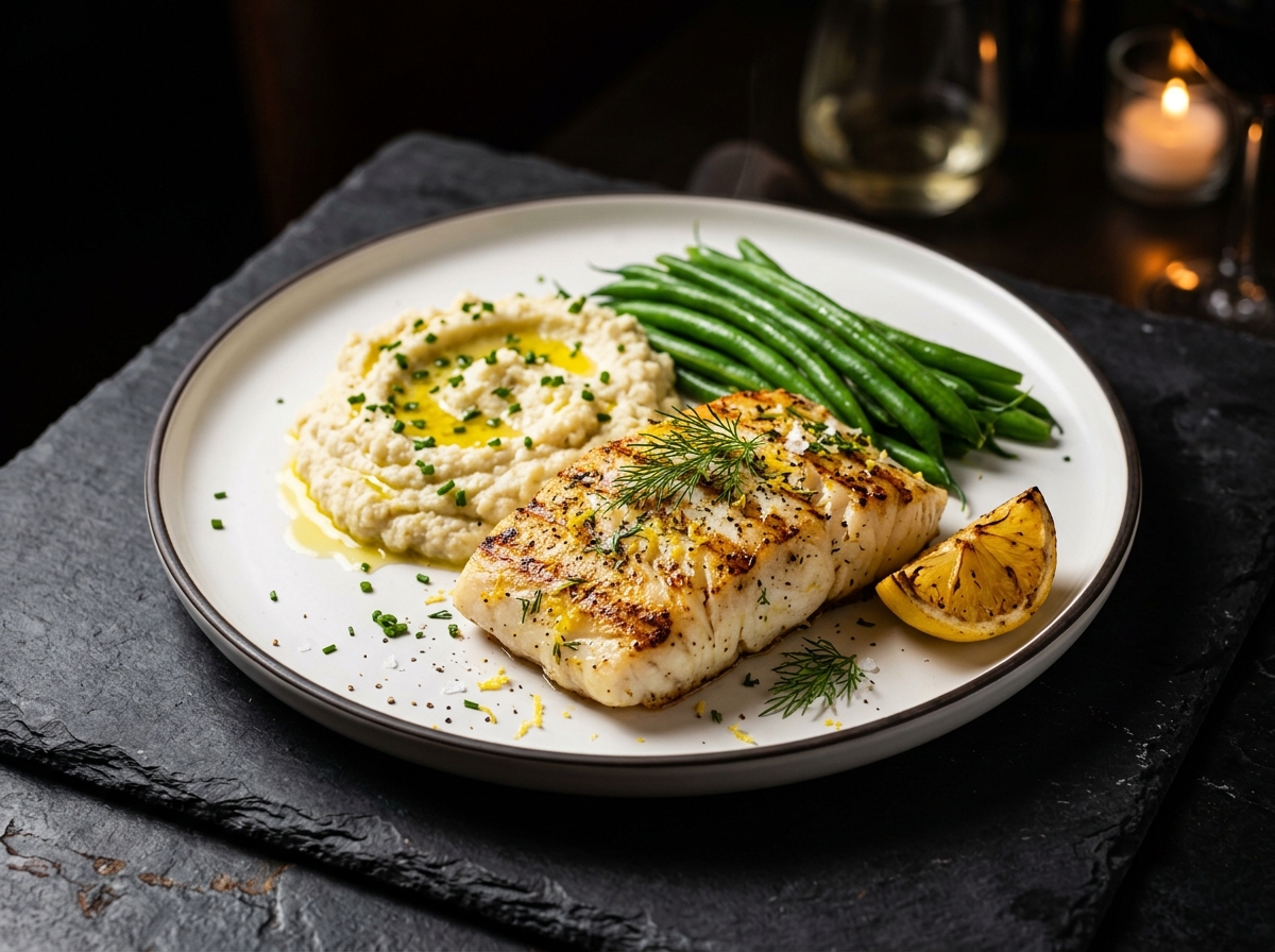 Michelin-style kidney-friendly dinner plate with grilled wild cod, creamy cauliflower mash drizzled with olive oil and chives, and crisp green beans on charcoal slate