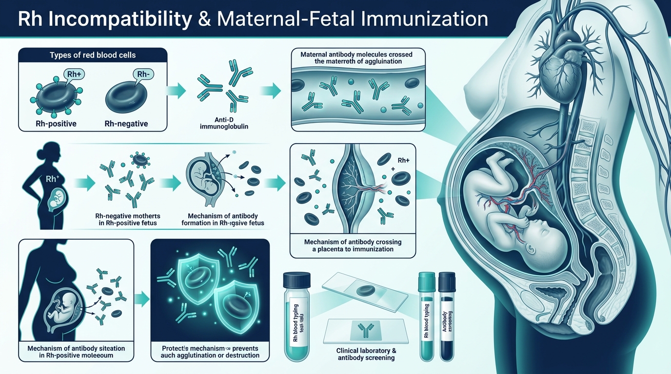 Rh incompatibility clinical diagram showing maternal-fetal immunization and Coombs blood testing